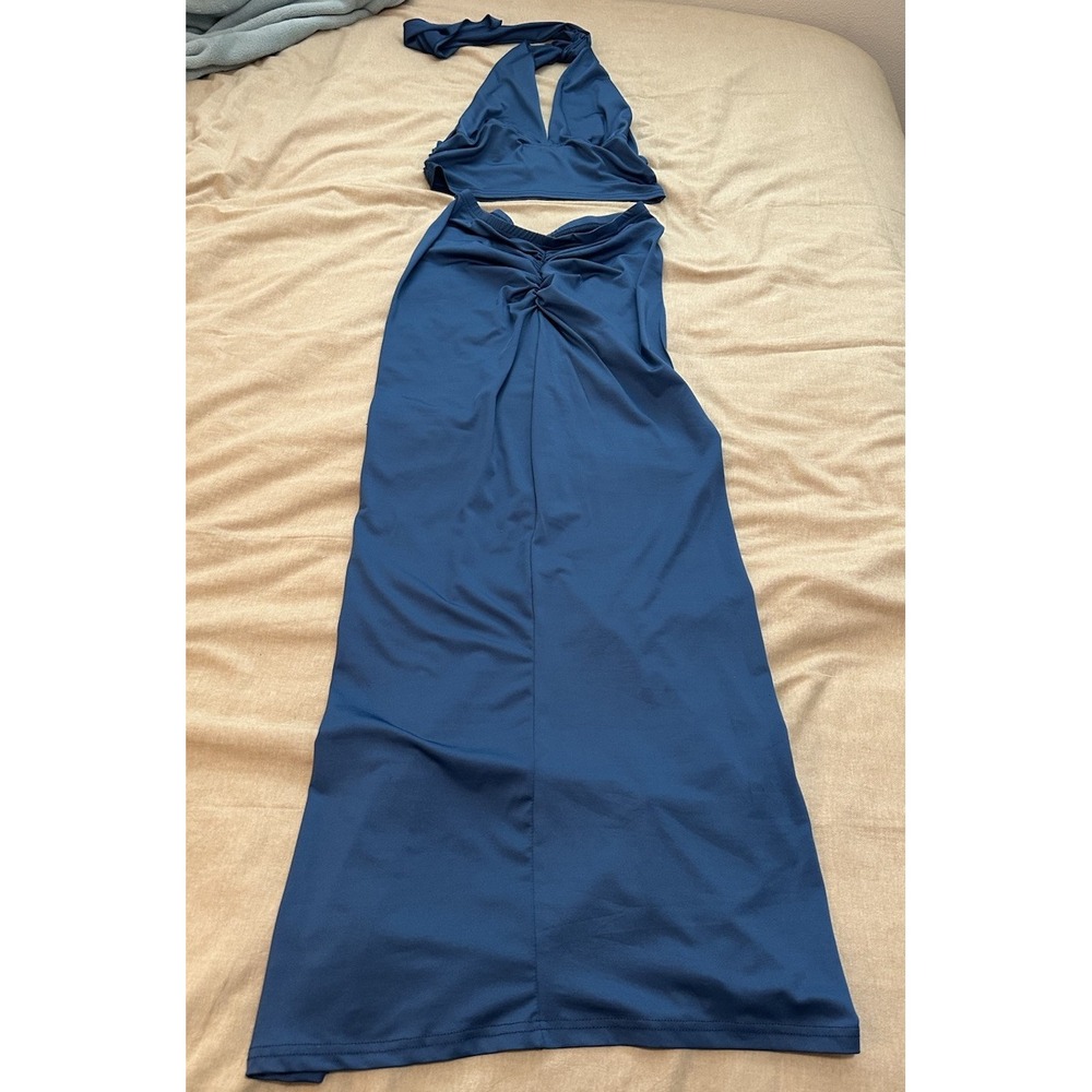 2-Piece Blue Knit Twist Tie Slit Maxi Skirt & Halter Sleeveless Top Set L - Picture 2 of 4